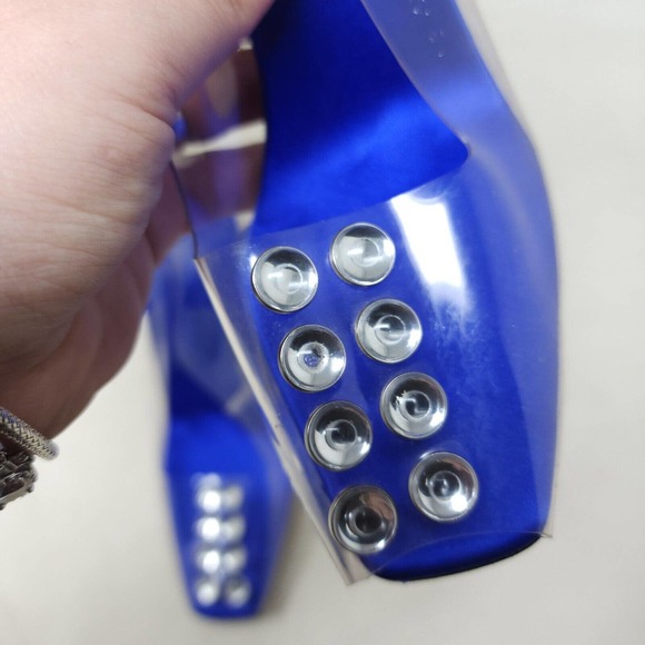 Paul Andrew Womens Heels Serrano Blue Satin PVC Cabochon Peep Toe Slingback 37 7 - Picture 7 of 10